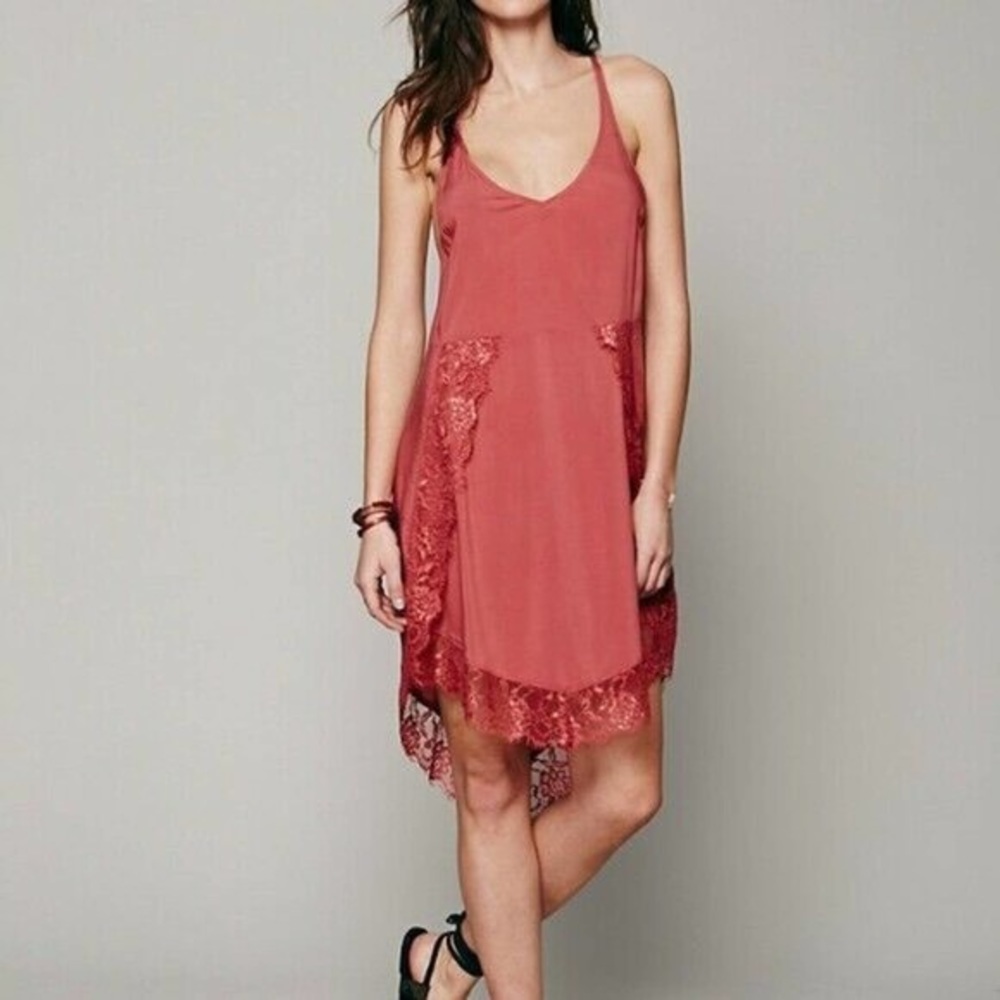 Free People Eyelashes Lace Tunic Slip Dress Copper Boho XS Extra Small
